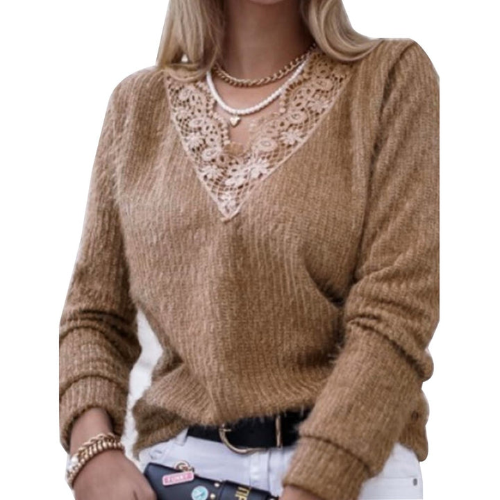 Lace edge knitted warm V-neck plain sweater top Image 4