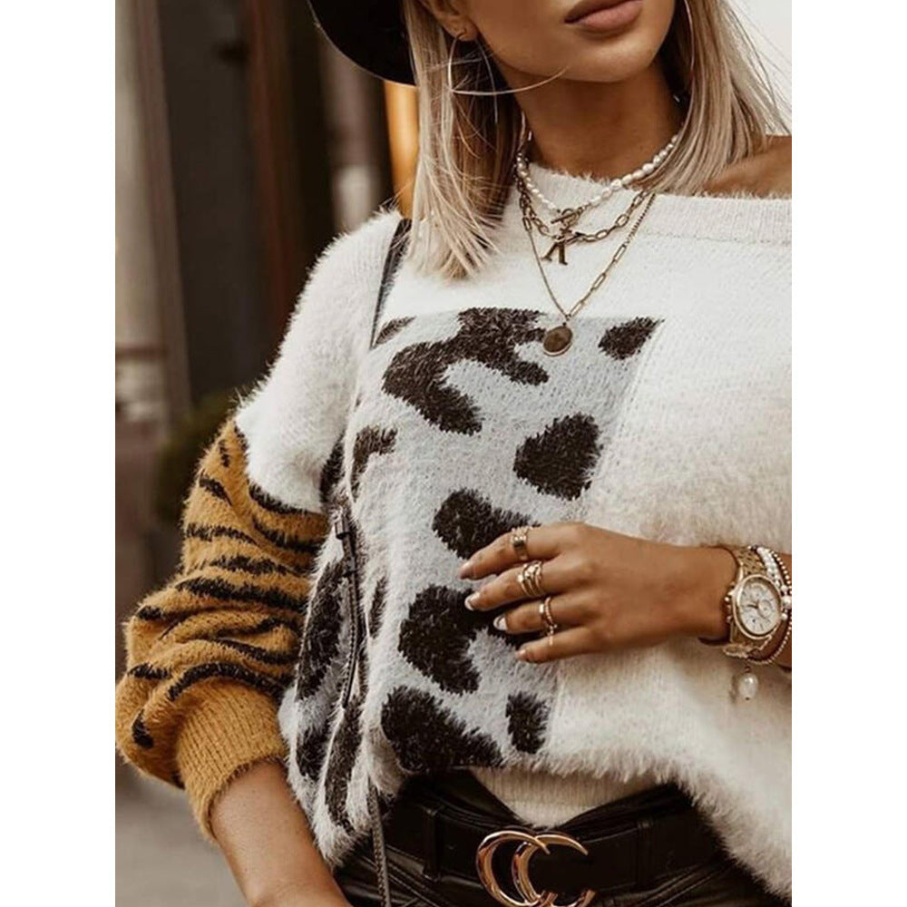 Leopard Ruffle Print Trendy Round Neck Loose Pullover Sweater Image 3