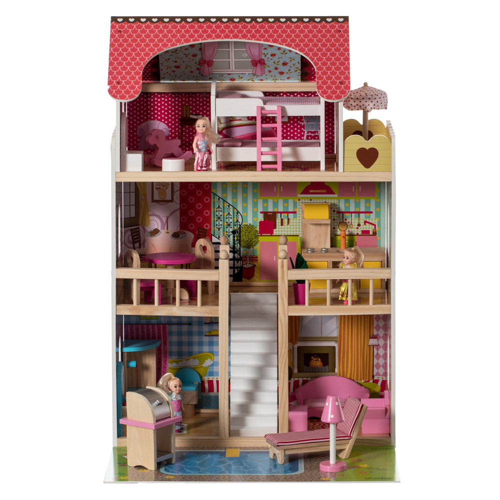 Wooden Dollhouse with LED Light Furniture Accessories 3 Levels 5 Rooms Ages 3+ Image 2