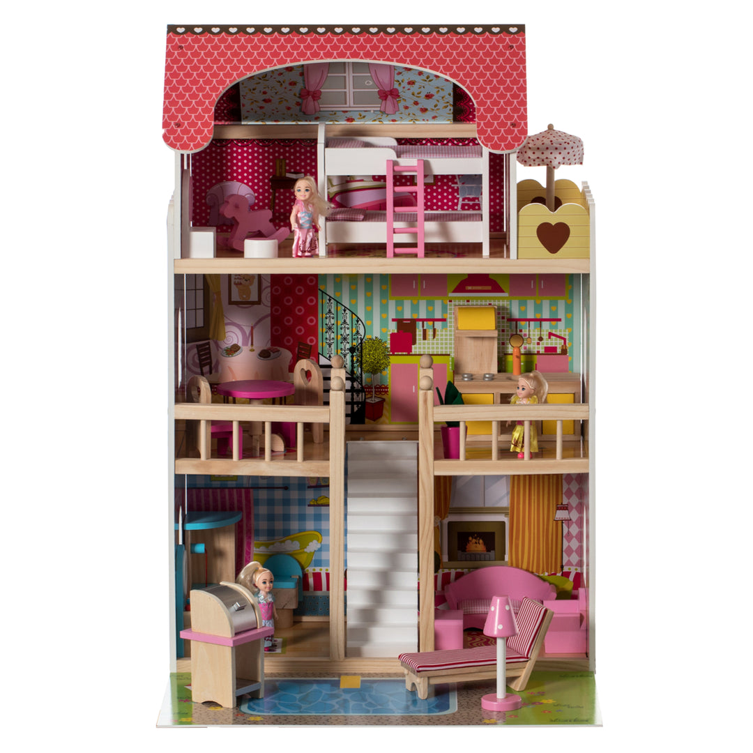 Wooden Dollhouse with LED Light Furniture Accessories 3 Levels 5 Rooms Ages 3+ Image 2