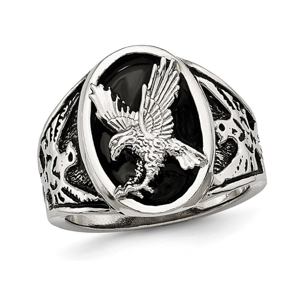 Mens Flying Eagle Stainless Steel Ring with Black Enamel Image 1