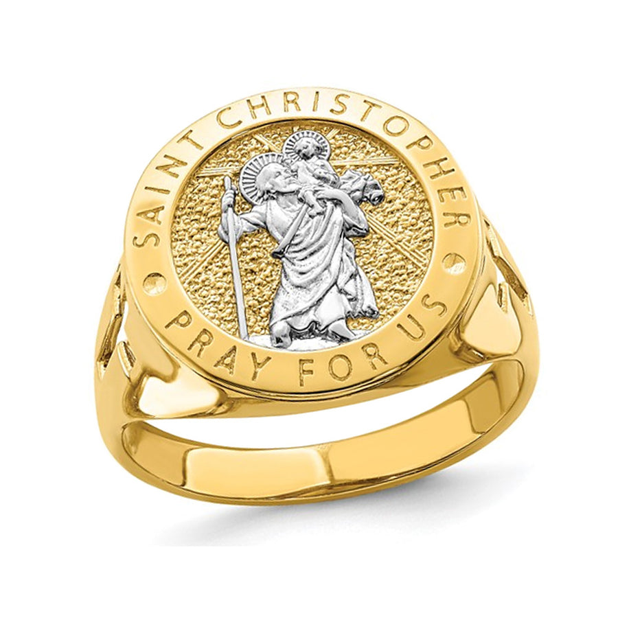 Mens 14K Yellow Gold Saint Christopher Ring Image 1