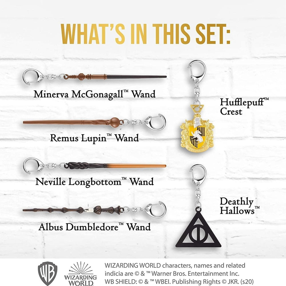 Harry Potter Wand Keychain 6pk Hufflepuff Crest Deathly Hallows Remus Neville Set PMI International Image 2