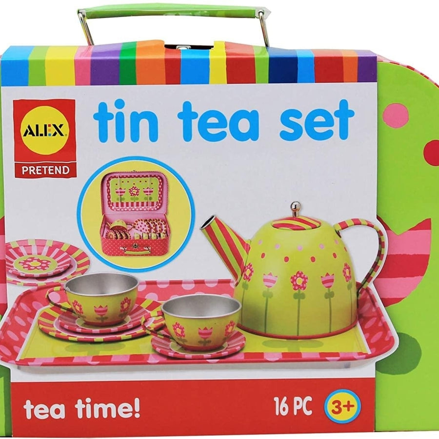 Alex Pretend Play Tea Time Tin 16pc Floral Kids Teapot Party Set Toys Image 1