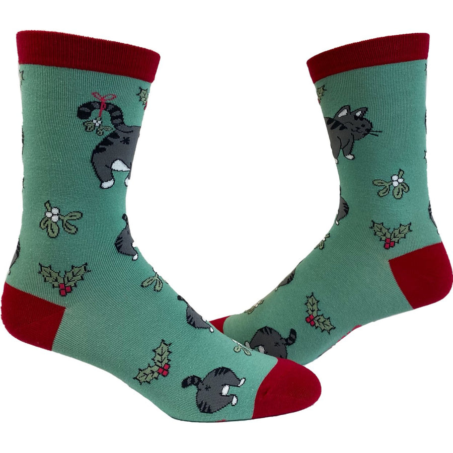 Womens Cat Butt Mistletoe Socks Funny Christmas Kitty Pet Lover Sarcastic Footwear Image 1