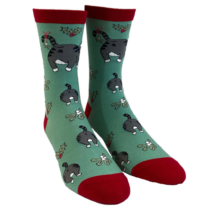 Womens Cat Butt Mistletoe Socks Funny Christmas Kitty Pet Lover Sarcastic Footwear Image 2