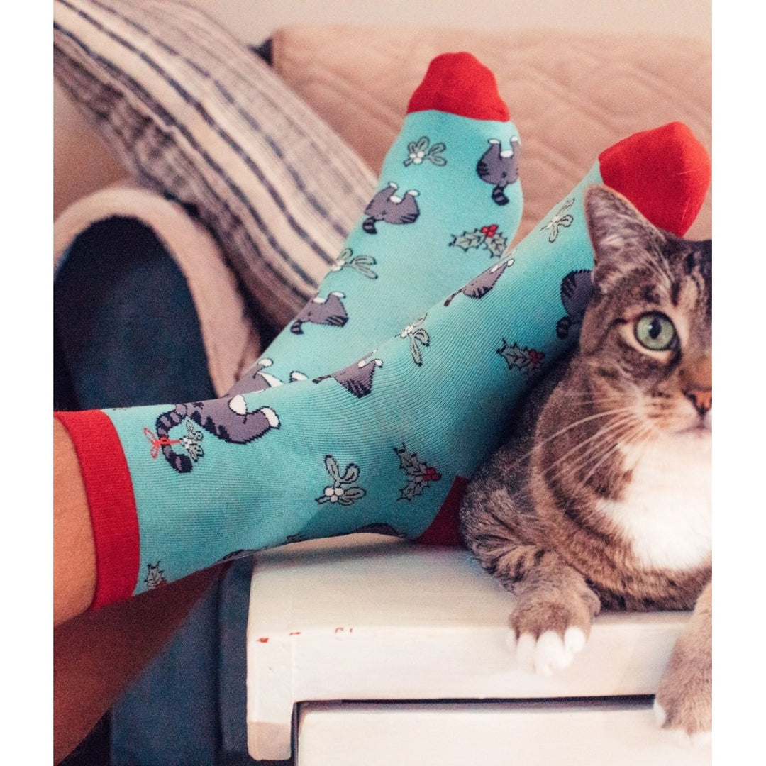 Womens Cat Butt Mistletoe Socks Funny Christmas Kitty Pet Lover Sarcastic Footwear Image 8