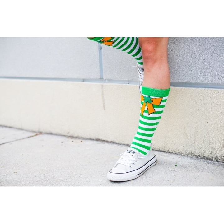 Womens Orange Bow Green Stripe Socks Saint Patricks Day Cute Novelty Fun Patty Feet Image 7