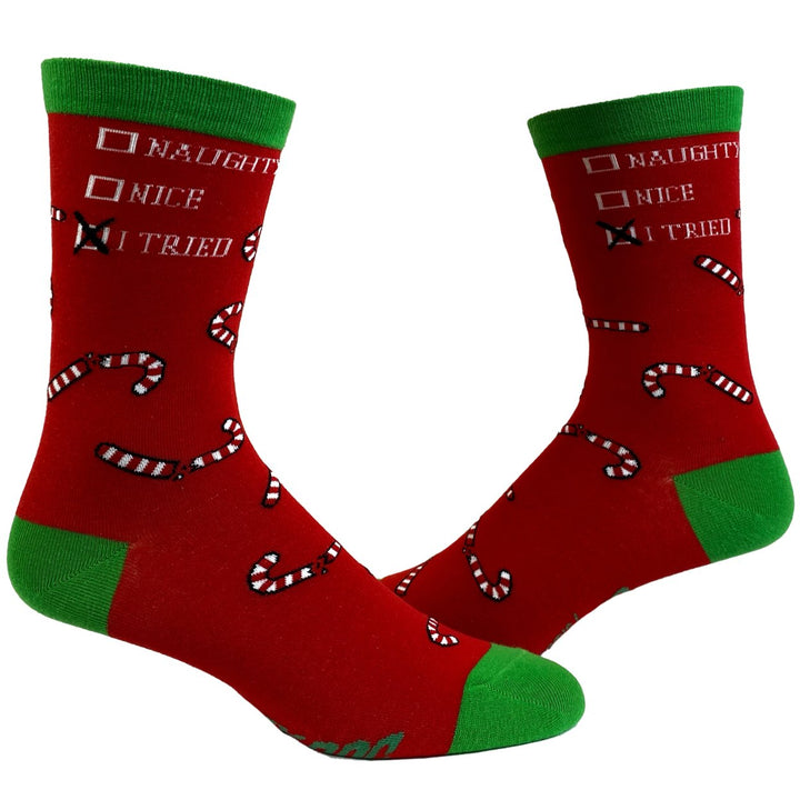 Womens Naughty Nice I Tried Socks Funny Christmas List Good Bad Graphic Footwear Image 1