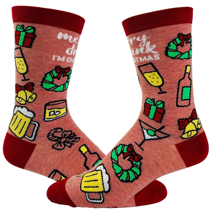 Womens Merry Drunkmas Socks Funny Christmas Party Beer Wine Lover Novelty Footwear Image 1