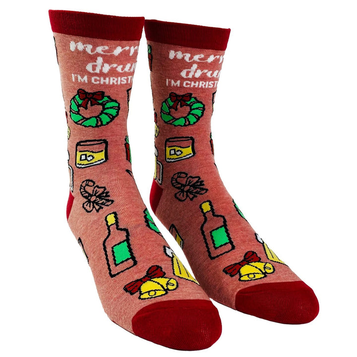 Womens Merry Drunkmas Socks Funny Christmas Party Beer Wine Lover Novelty Footwear Image 2