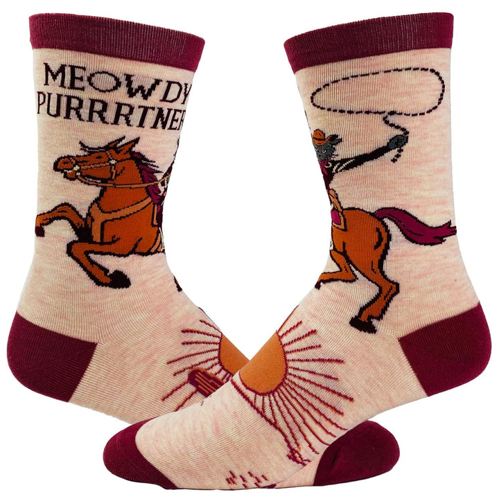 Womens Meowdy Purrtner Socks Funny Howdy Partner Cowboy Cat Novelty Footwear Image 1