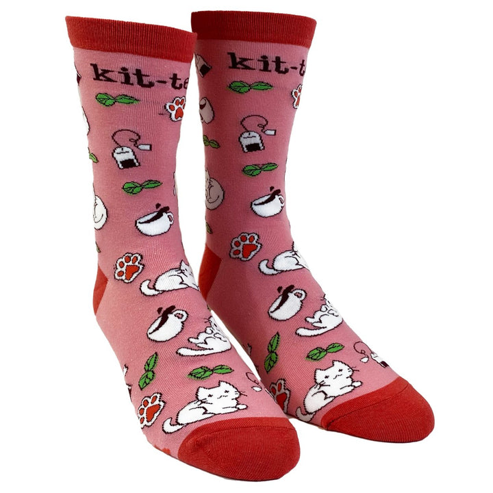 Womens Kit Tea Socks Funny Pet Cat Kitty Tea Time Pet Lover Graphic Footwear Image 2