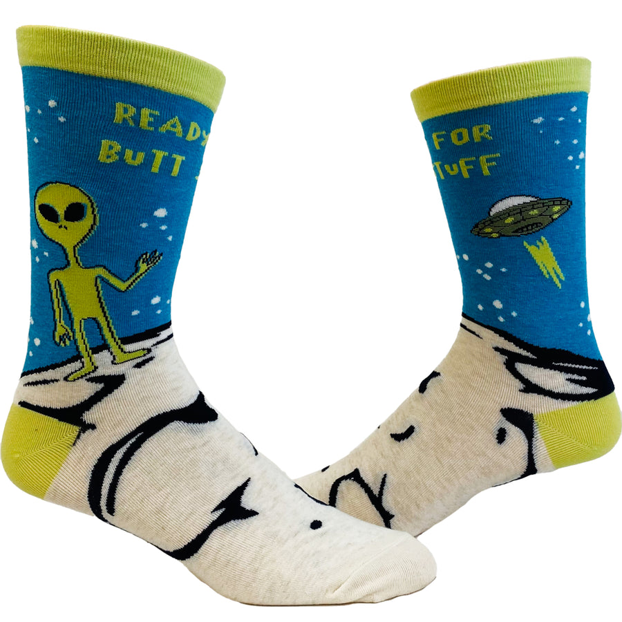 Mens Ready For Butt Stuff Socks Funny UFO Alien Probe Novelty Outer Space Footwear Image 1