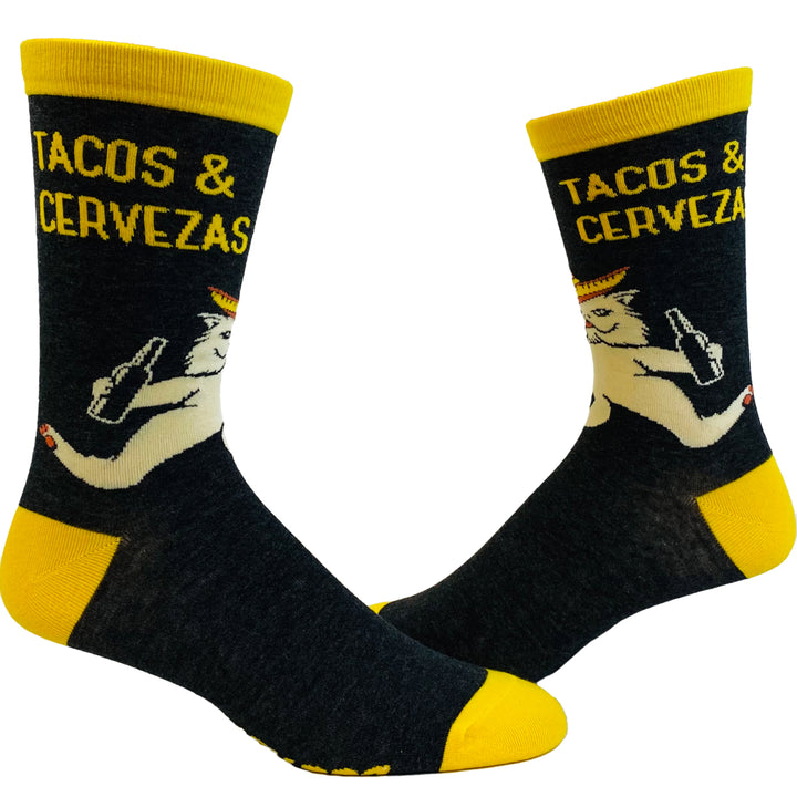 Men's Tacos And Cervezas Socks Funny Cinco De Mayo Cat Gato Novelty Footwear Image 1