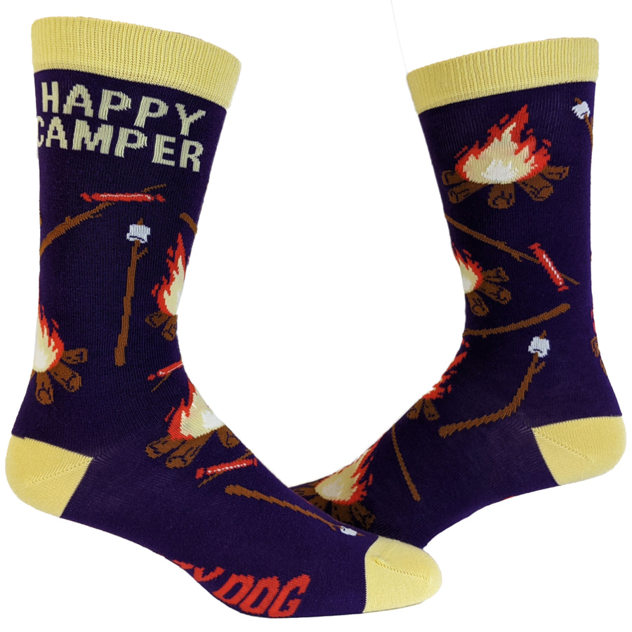 Mens Happy Camper Socks Funny Outdoor Adventure Hiking Vintage Novelty Footwear Image 1