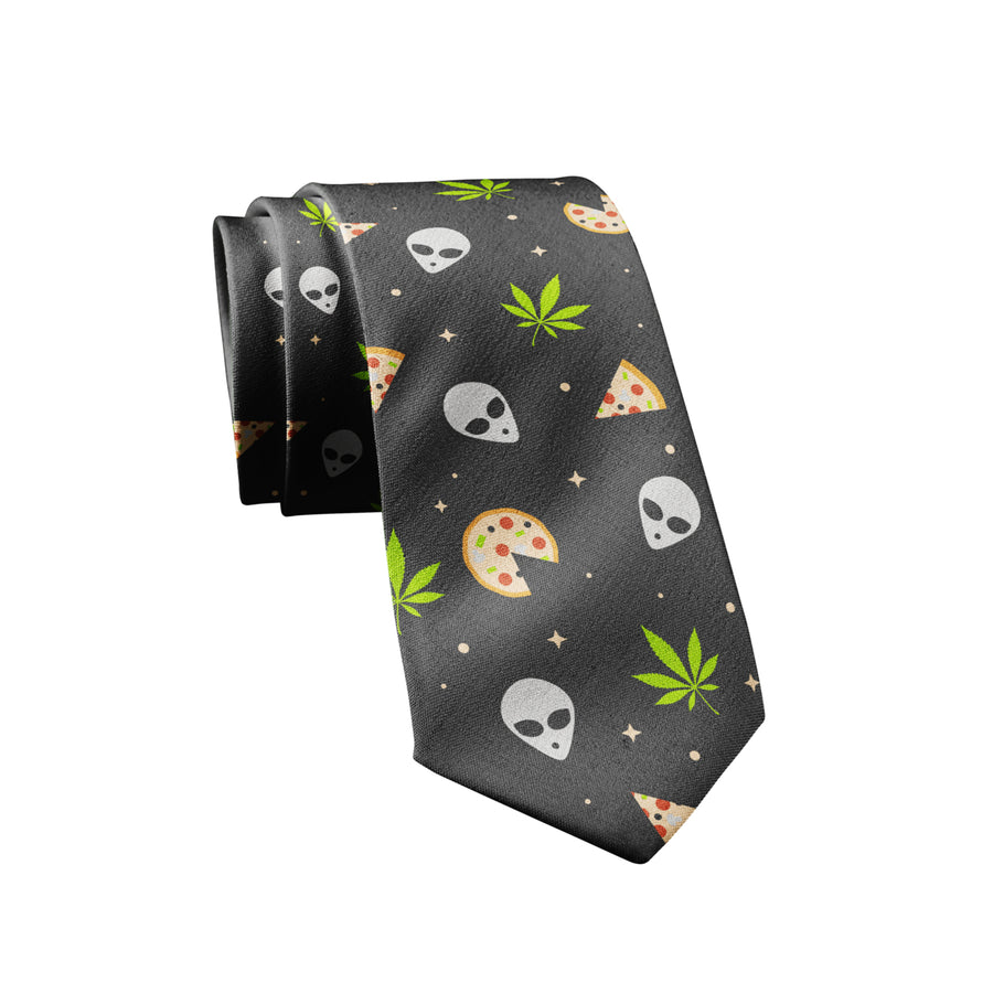Alien Pizza Weed Mens Novelty Neckties Sarcastic Funny Ties for Men 420 Tie for Guys Image 1
