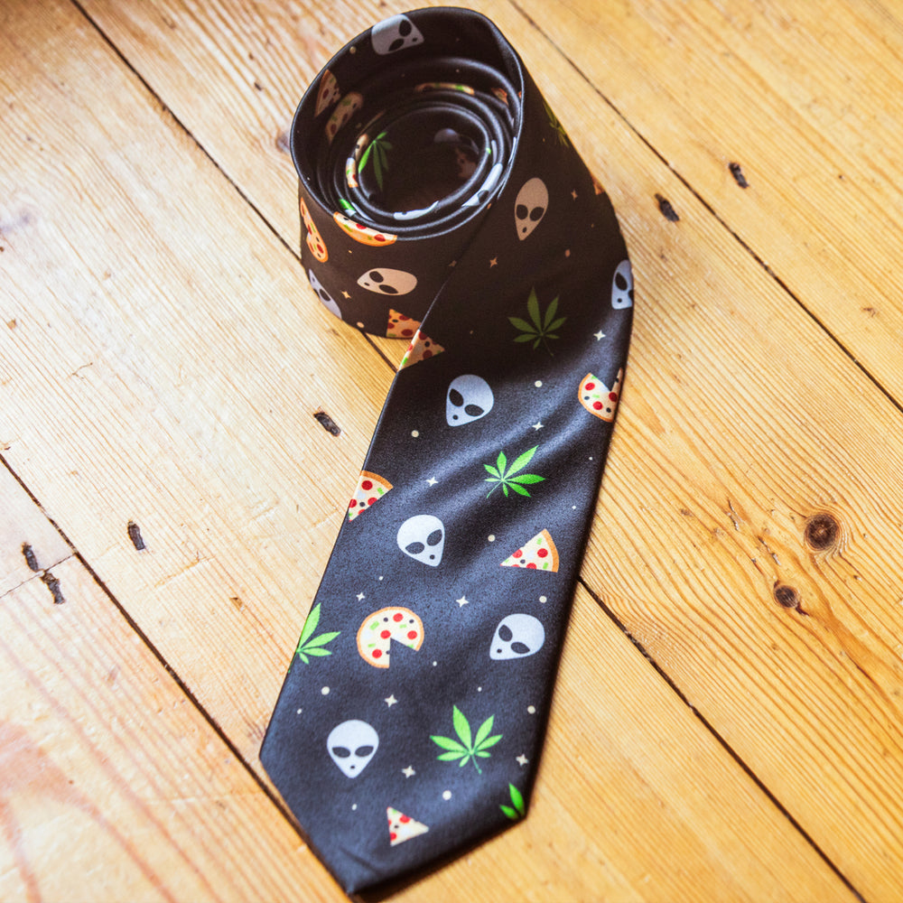 Alien Pizza Weed Mens Novelty Neckties Sarcastic Funny Ties for Men 420 Tie for Guys Image 2