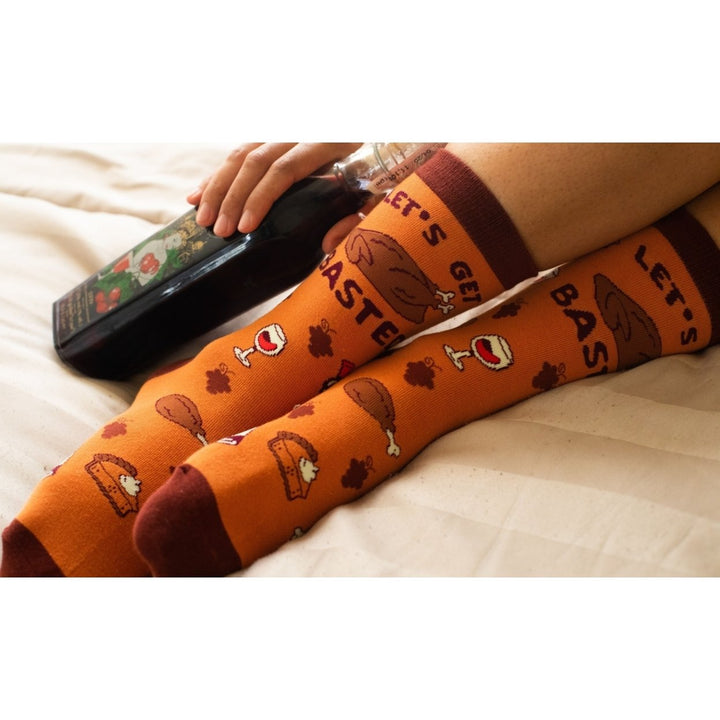 Womens Lets Get Basted Socks Funny Thanksgiving Turkey Day Graphic Novelty Footwear Image 7