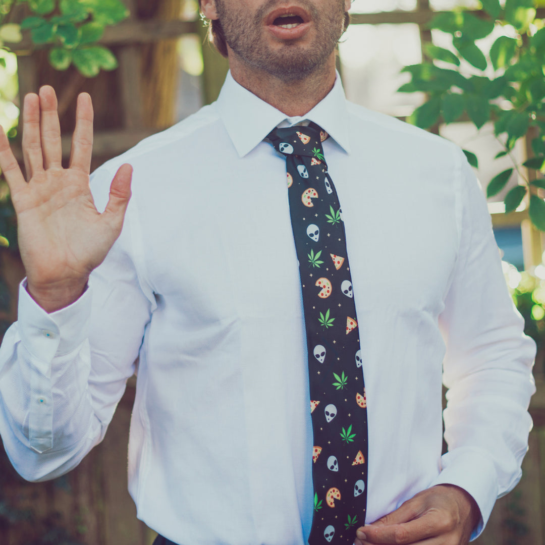 Alien Pizza Weed Mens Novelty Neckties Sarcastic Funny Ties for Men 420 Tie for Guys Image 4