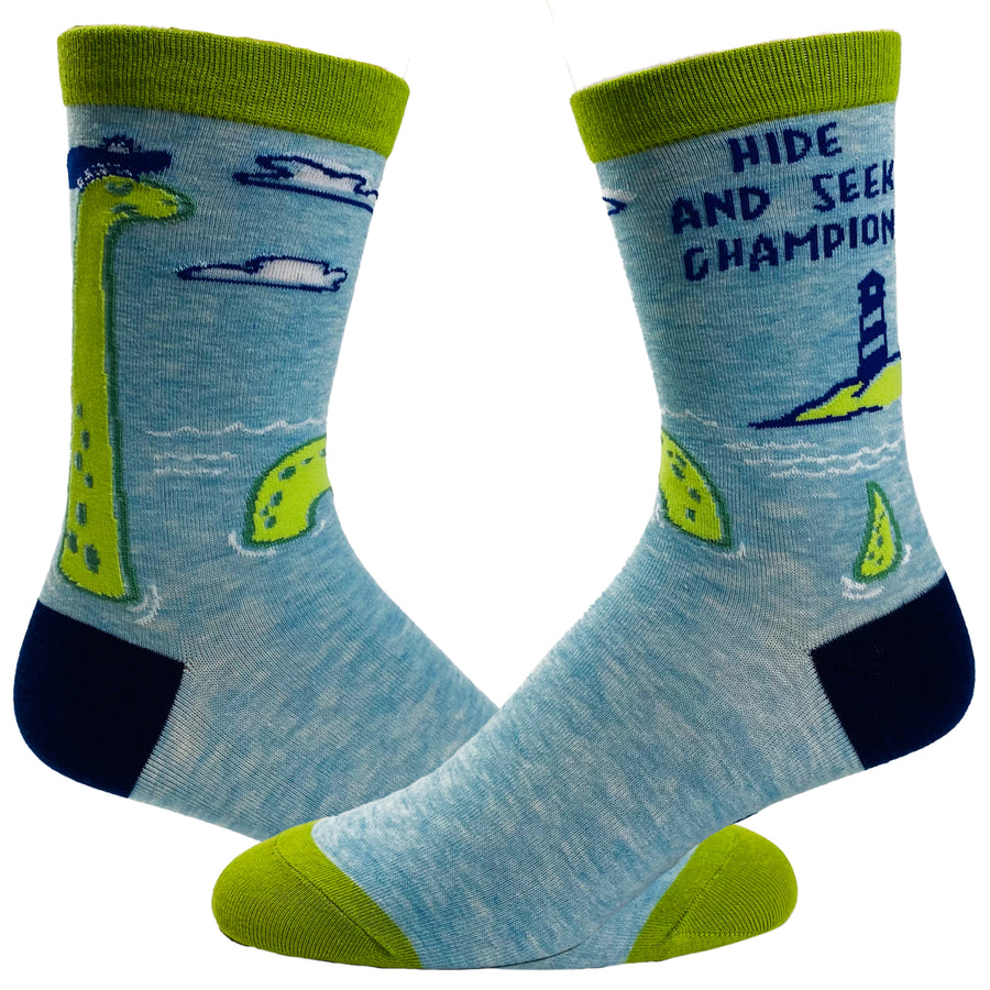 Youth Hide And Seek Champion Socks Funny Loch Ness Monster Novelty Graphic Footwear Image 1