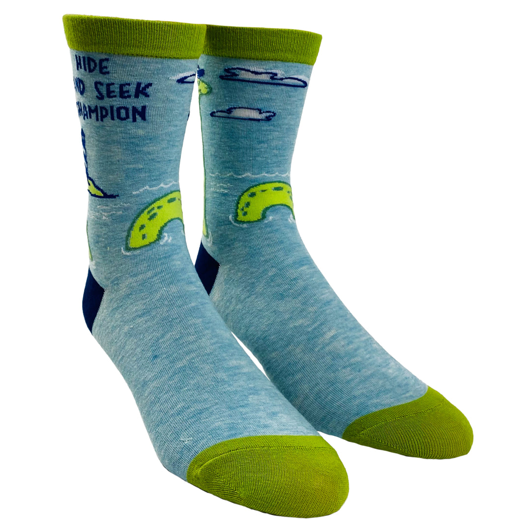 Youth Hide And Seek Champion Socks Funny Loch Ness Monster Novelty Graphic Footwear Image 2