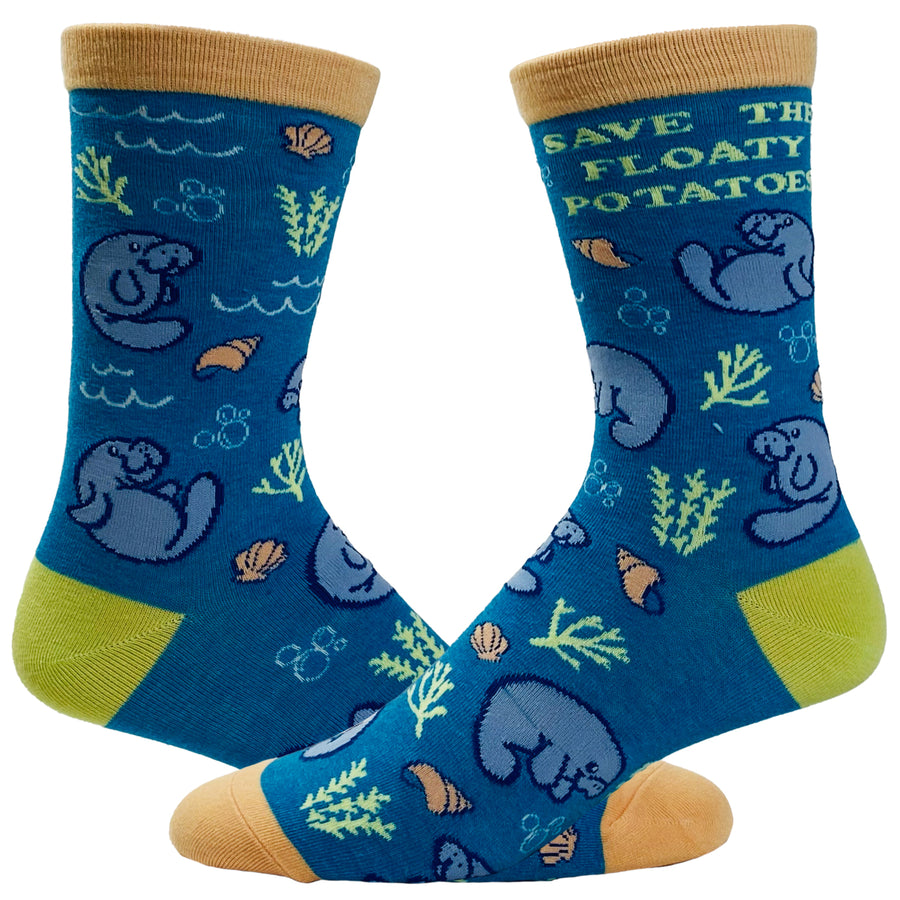 Womens Save The Floaty Potatoes Socks Funny Manatee Ocean Novelty Graphic Footwear Image 1