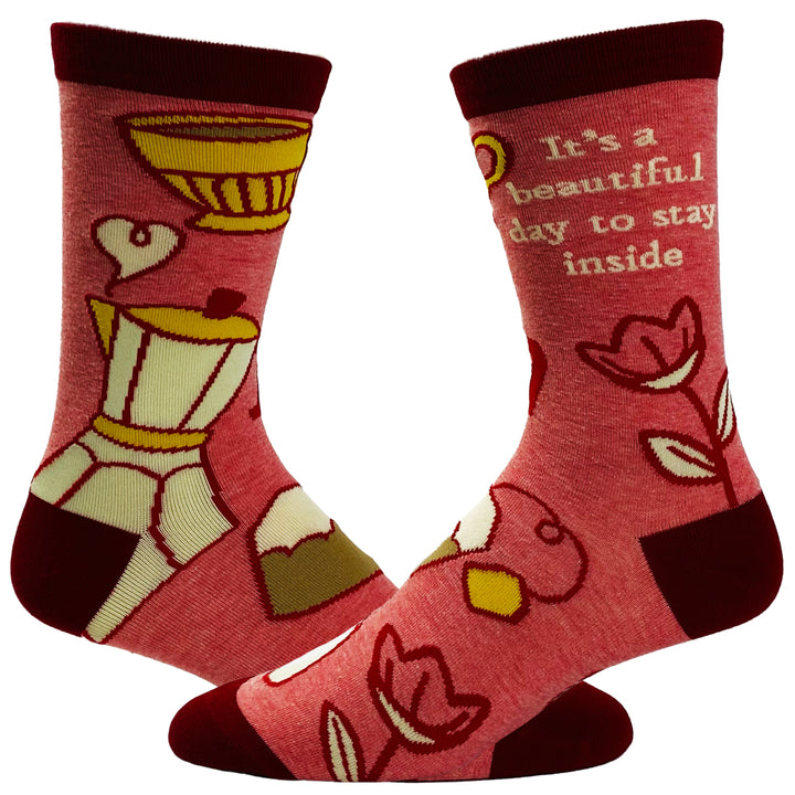 Women's It's A Beautiful Day To Stay Inside Socks Funny Introvert Coffee Lover Novelty Footwear Image 1