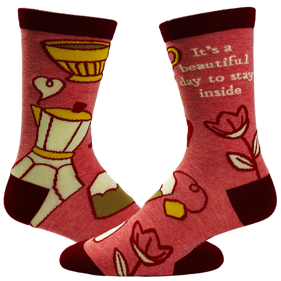 Womens Its A Beautiful Day To Stay Inside Socks Funny Introvert Coffee Lover Novelty Footwear Image 1