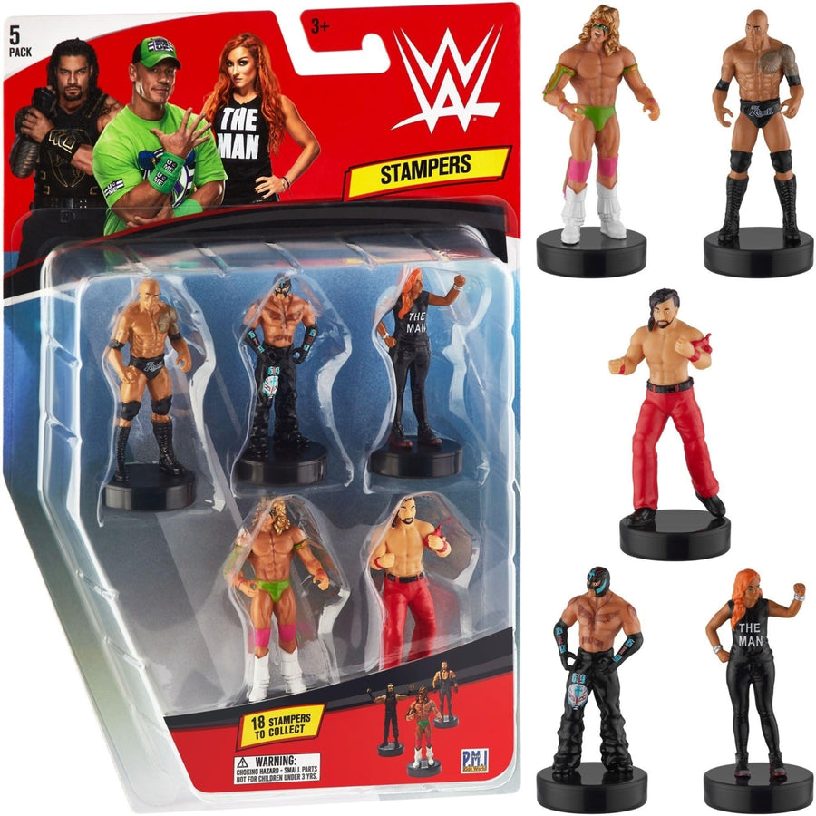 WWE Wrestler Stampers 5pk The Rock Mysterio Becky Lynch Ultimate Warrior PMI International Image 1