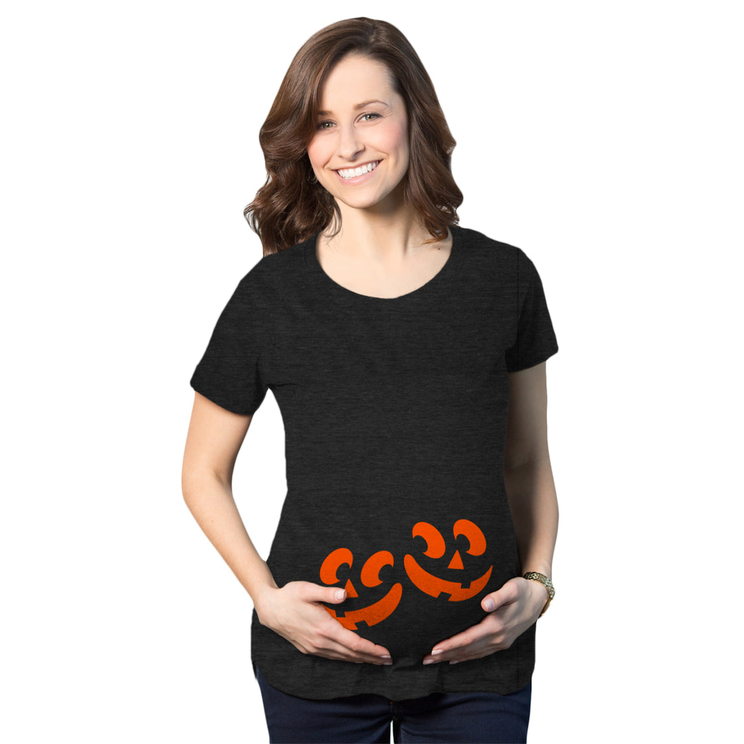 Maternity Twin Pumpkin Faces Tshirt Cute Halloween Jack-O-Lantern Pregnancy Tee Image 1