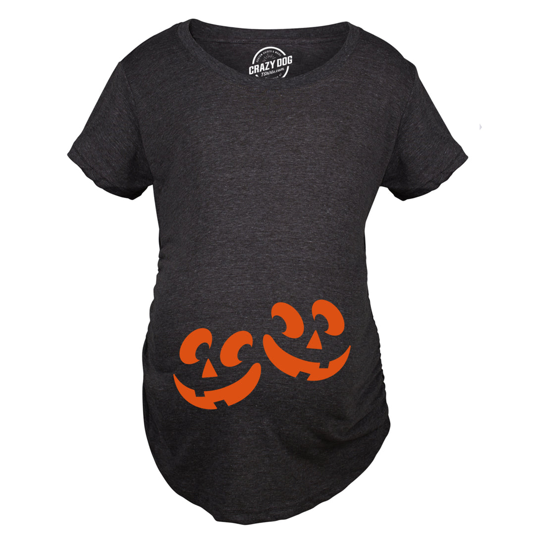 Maternity Twin Pumpkin Faces Tshirt Cute Halloween Jack-O-Lantern Pregnancy Tee Image 4