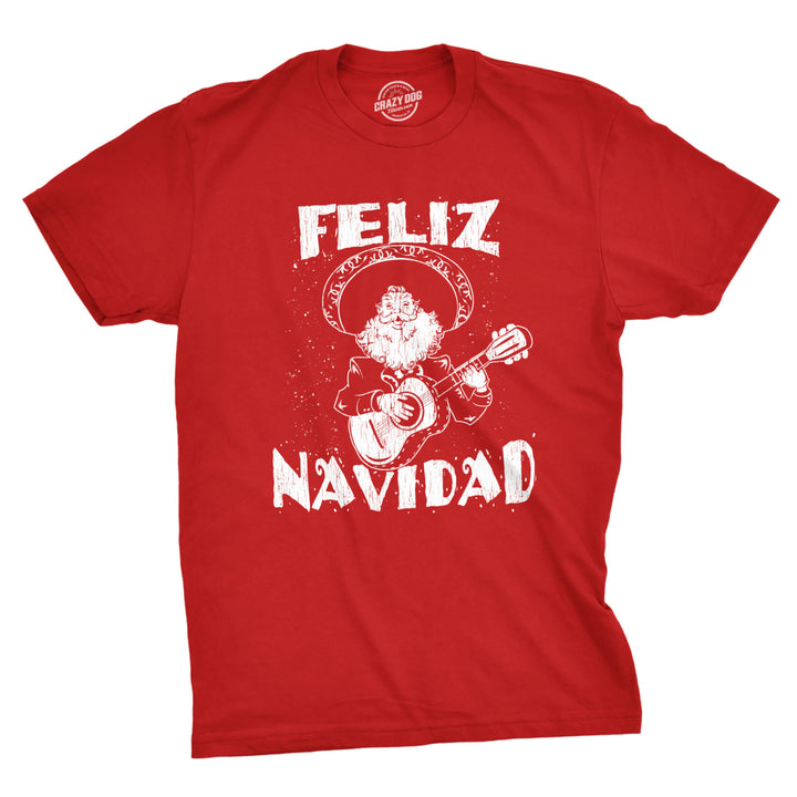 Mens Feliz Navidad Tshirt Funny Guitar Mexican Santa Claus Christmas Tee Image 1