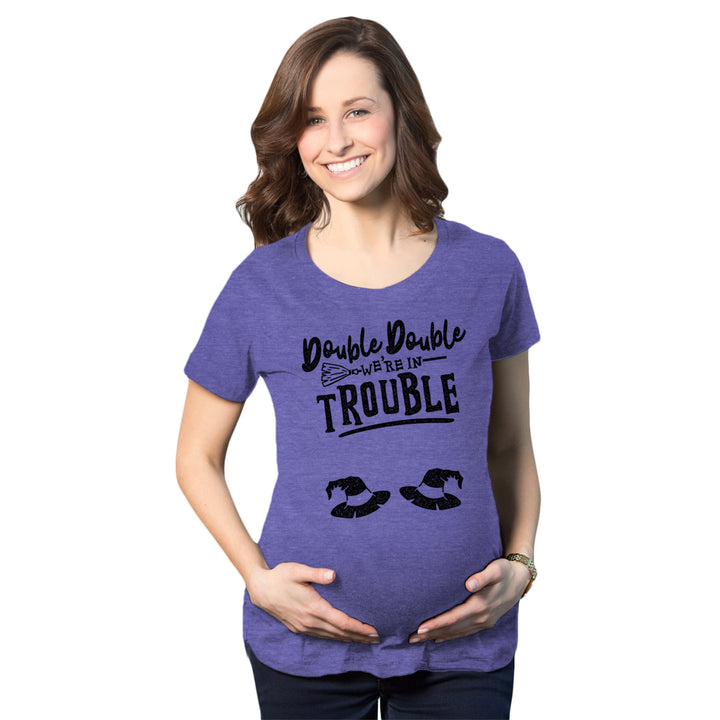 Maternity Double Double Were In Trouble Tshirt Funny Halloween Twins Tee Image 1