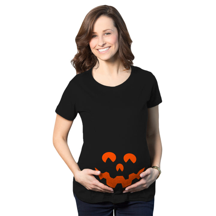 Maternity Cartoon Eyes Pumpkin Face T Shirt Halloween Fall October Pregnancy Tee Image 1