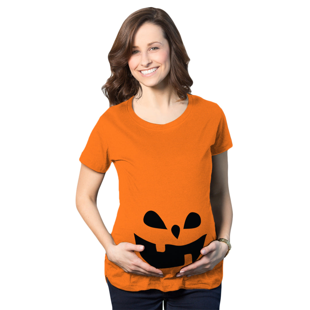 Maternity Teardrop Eyes Pumpkin Face Halloween Pregnancy Announcement T Shirt Image 1