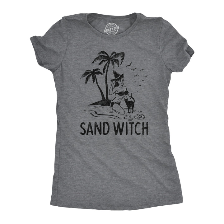 Womens Sand Witch Tshirt Funny Beach Halloween Black Cat Novelty Tee Image 1