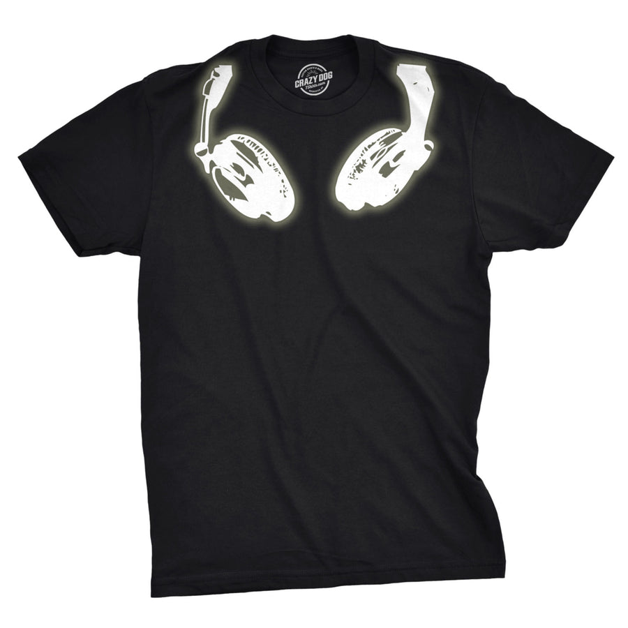 Mens Glow In the Dark Headphones T shirt Cool Music Lover DJ Funny Graphic Tee Image 1
