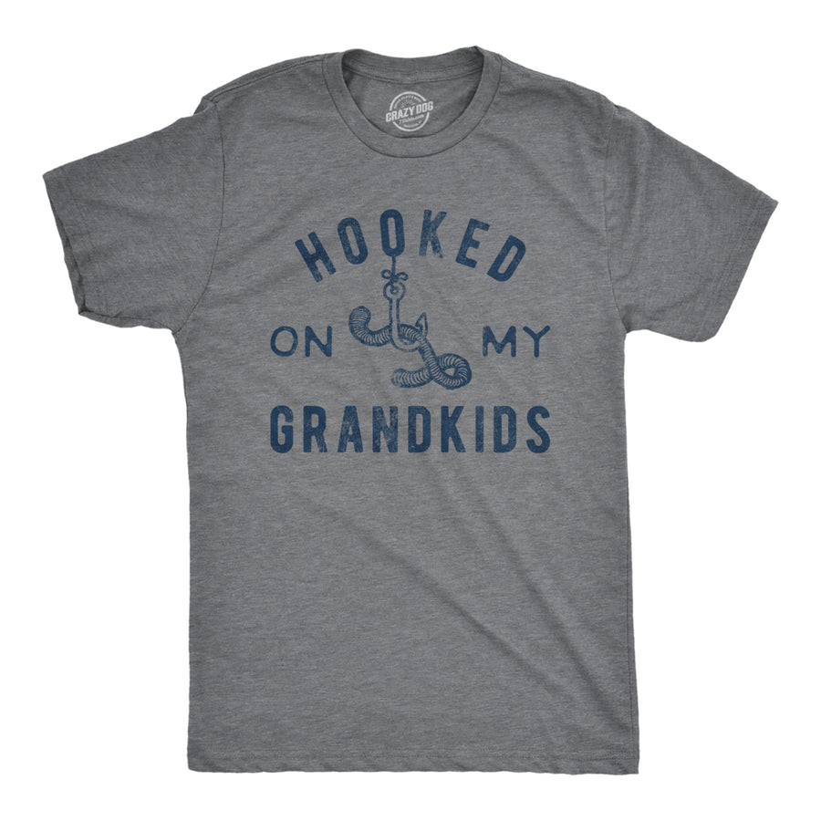 Mens Hooked On My Grandkids Tshirt Funny Fishing Grandpa Novelty Graphic Tee Image 1