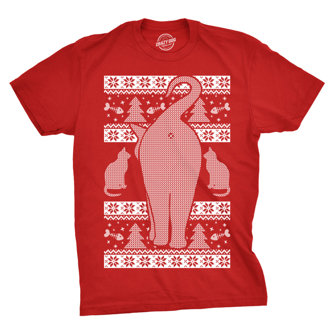 Mens Festive Cat Butt Ugly Christmas Sweater T Shirt Funny Holiday Novelty Top Image 1