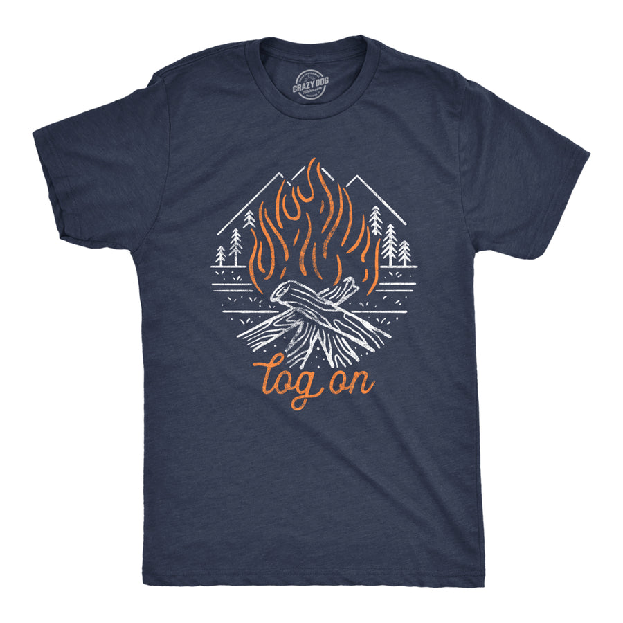Mens Log On Tshirt Funny Camping Campfire Bonfire Woods Nature Graphic Novelty Tee Image 1