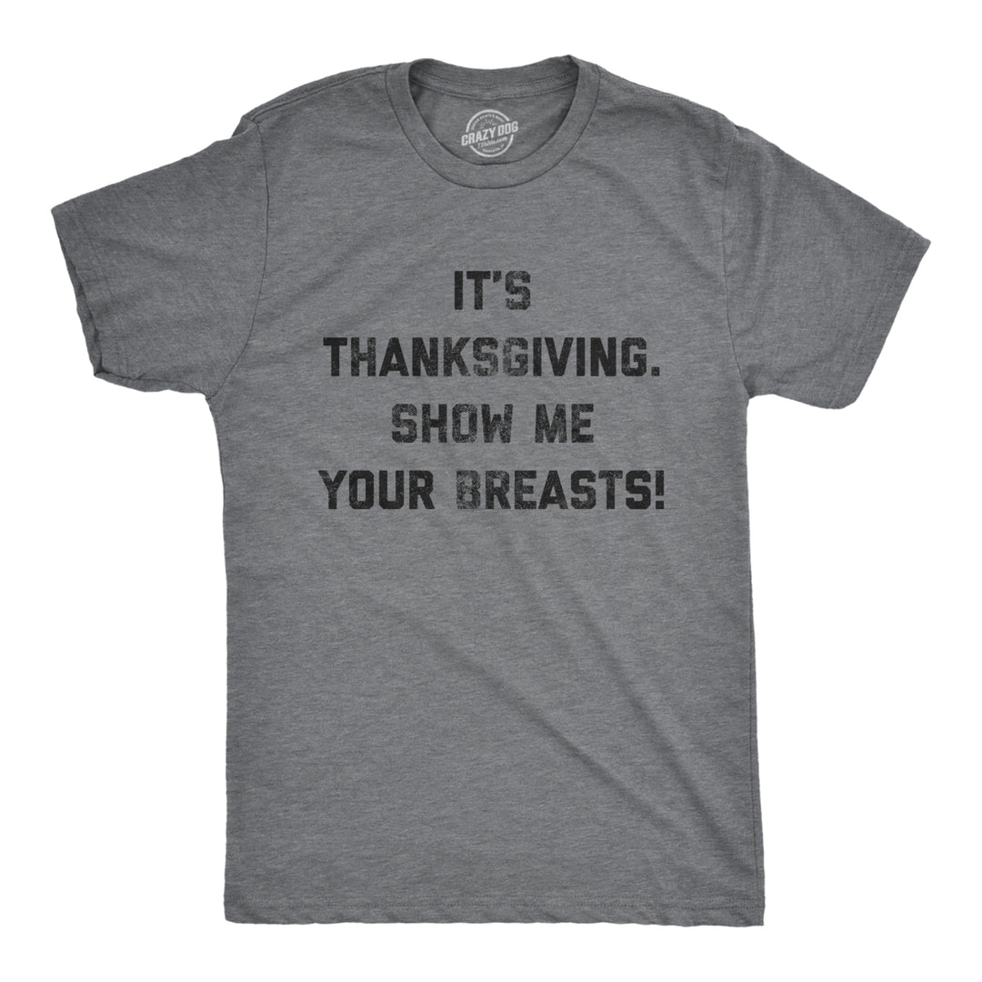 Mens It's Thanksgiving Show Me Your Breasts Tshirt Funny Turkey Day Graphic Tee Image 1