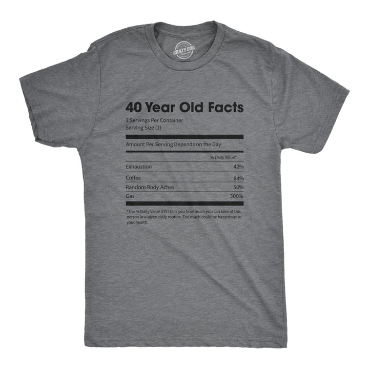 Mens 40 Year Old Facts Tshirt Funny Forties Nutrition Label Coffee Birthday Tee Image 1