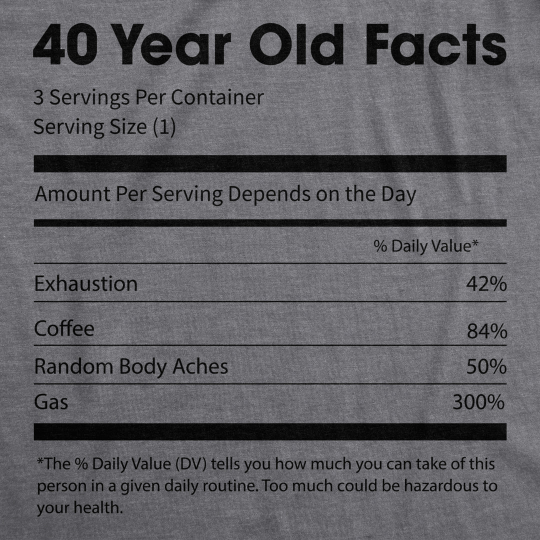 Mens 40 Year Old Facts Tshirt Funny Forties Nutrition Label Coffee Birthday Tee Image 2