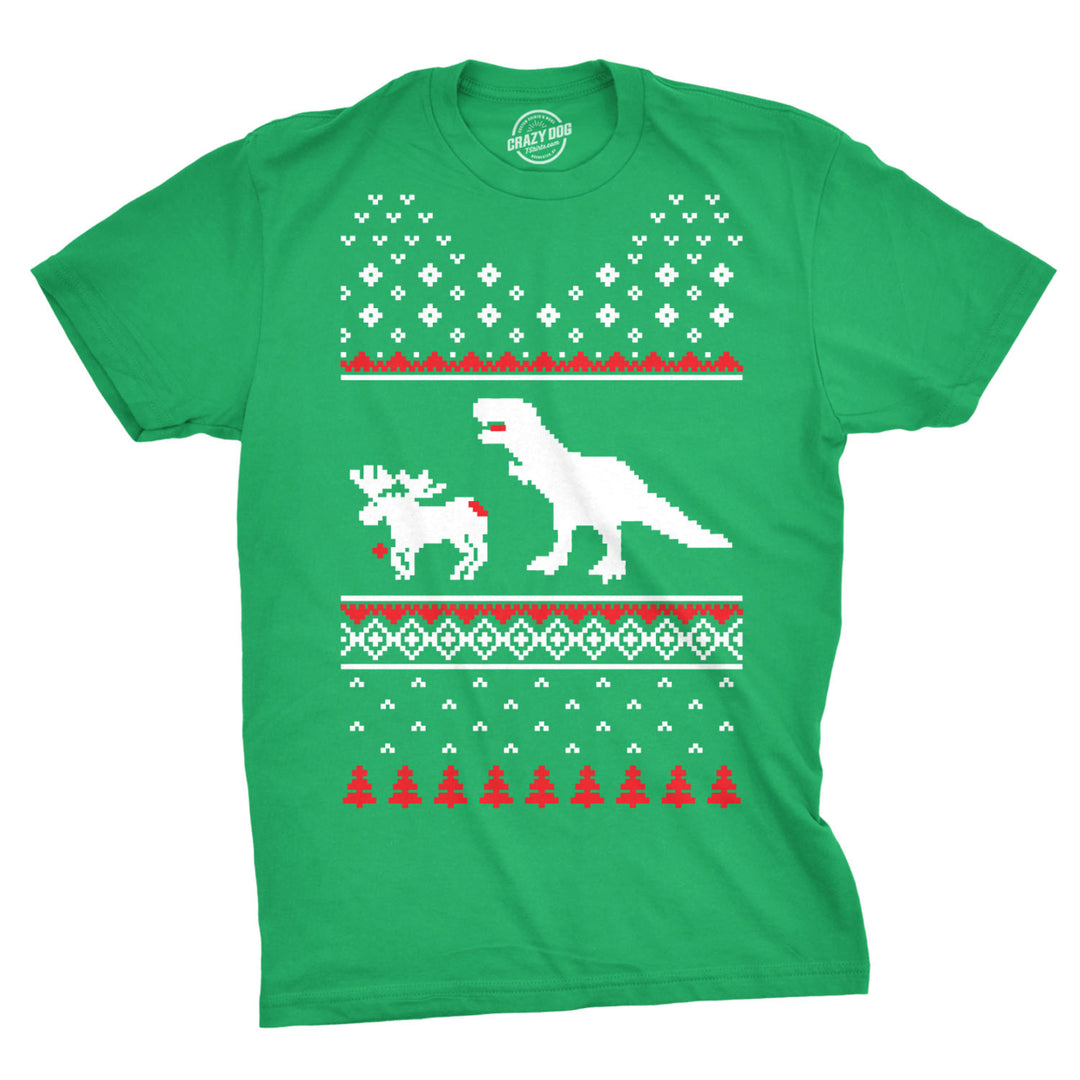 T-Rex Attack Moose Ugly Sweater Sarcastic T Shirt Funny Christmas Gift Sarcasm Image 1