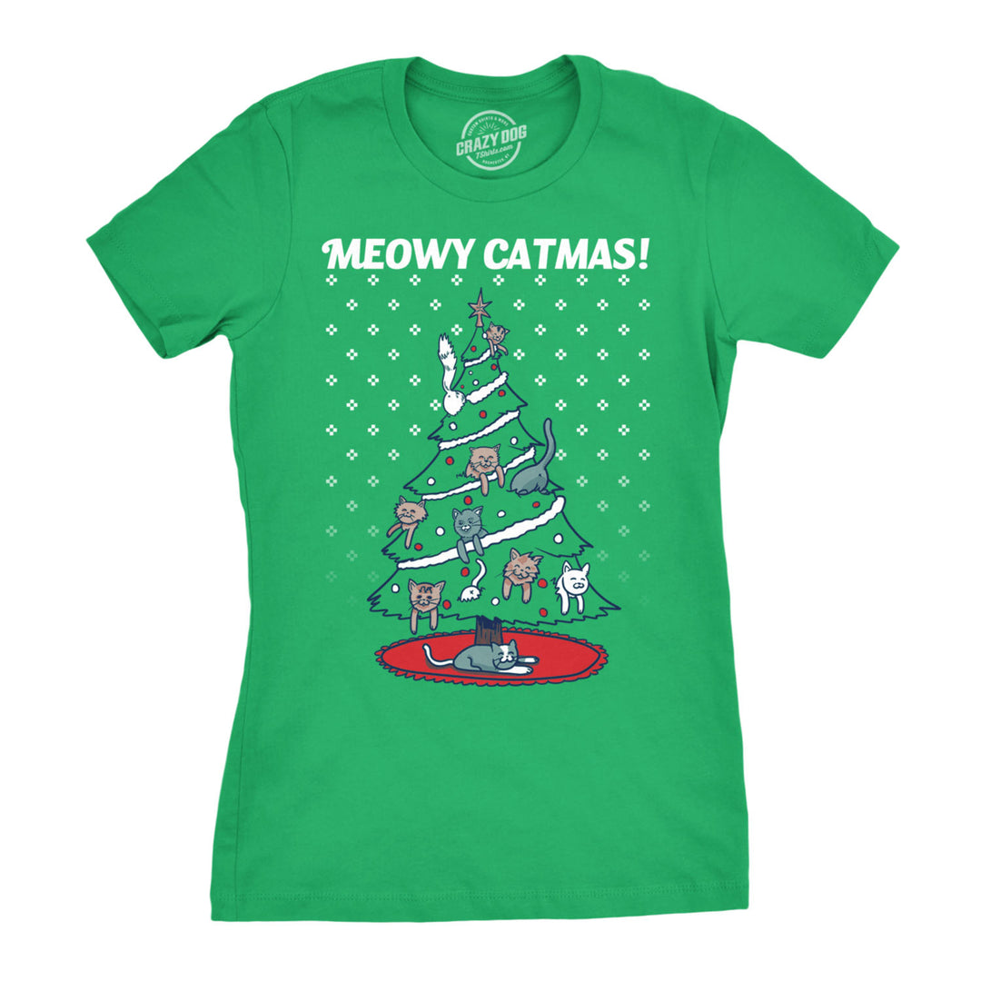 Womens Meowy Christmas Cat Shirt Tree Ugly Merry Crazy Funny Gift Sweater Image 1