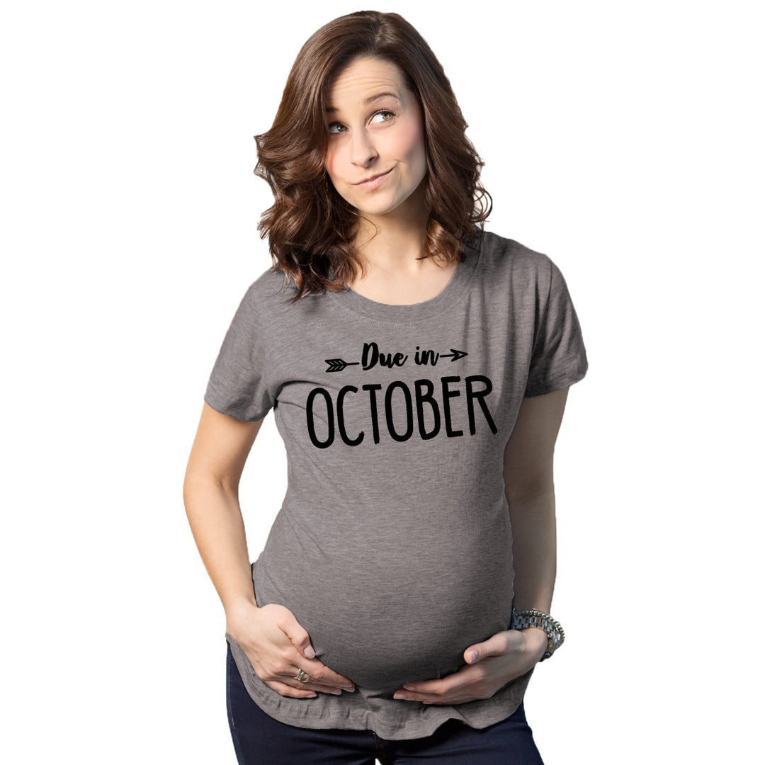 Maternity Due In October Funny T shirts Pregnant Shirts Announce Pregnancy Month Shirt Image 1