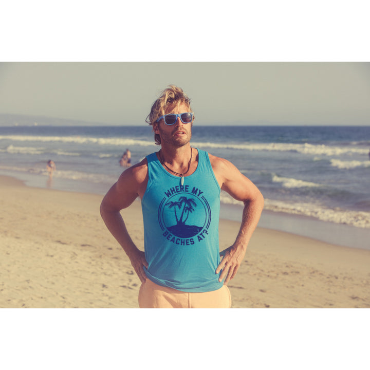 Mens Fitness Tank Where My Beaches At Tanktop Funny Summer Vacation Shirt Image 4