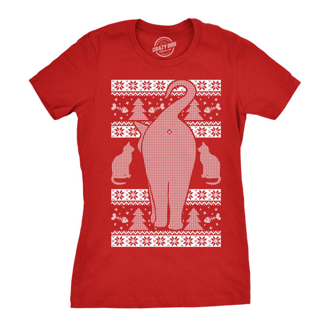 Womens Festive Cat Butt Ugly Christmas Sweater T Shirt Funny Holiday Party Tee Image 1