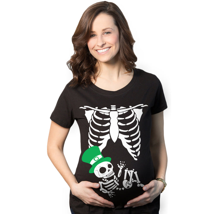 Maternity Leprechaun Skeleton Baby Funny Saint Patricks Day Announcement T Shirt Image 1